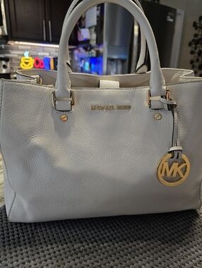 Michael Kors Cream Leather Satchel with Gold MK Charm